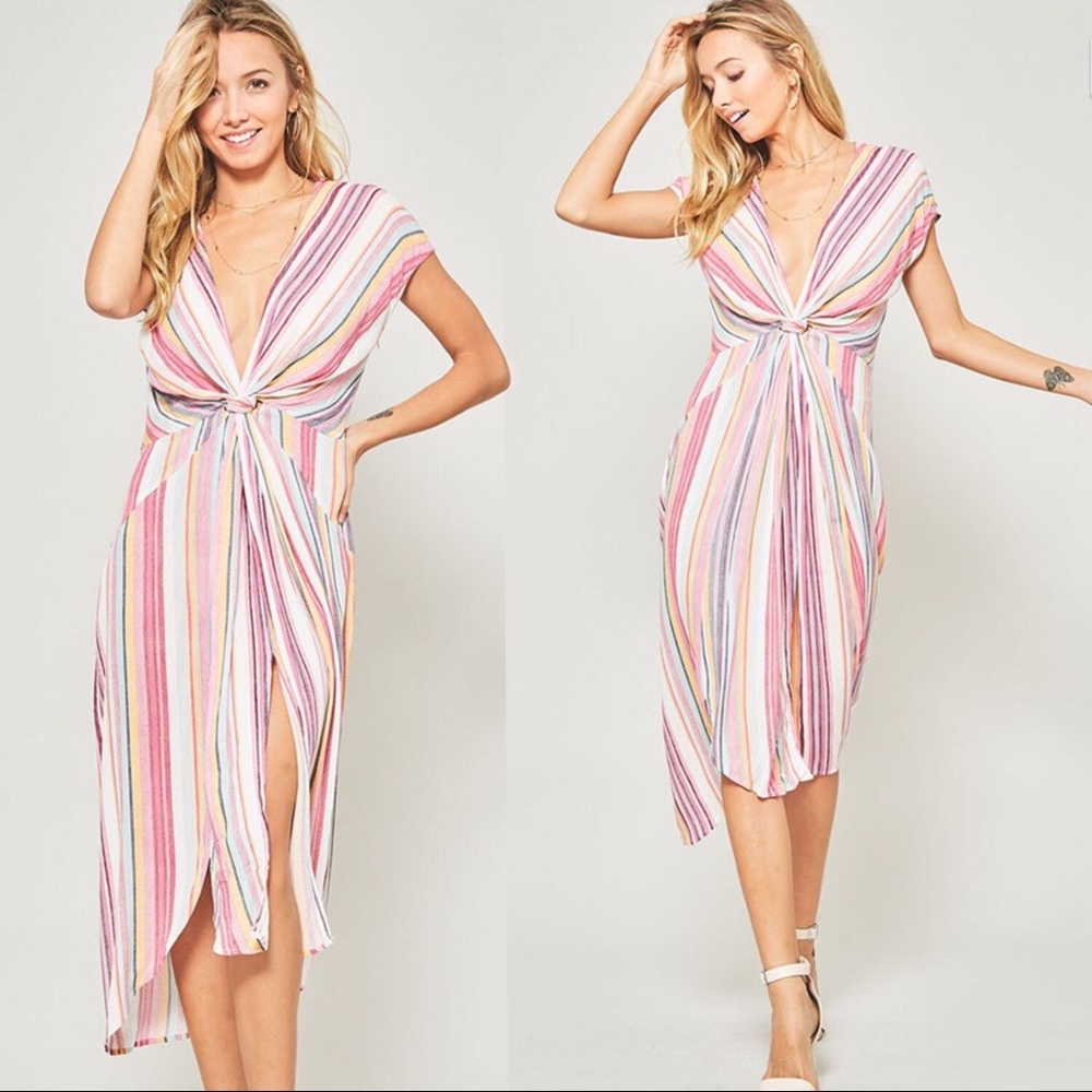 NEW! Striped Twist Midi Dress, Lightweight Plunge - Picture 3 of 6